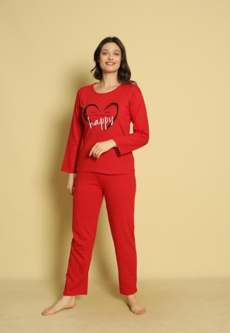 Pijama dama Serena-maneca lunga si pantalon lung, culoare rosu ,Engros
